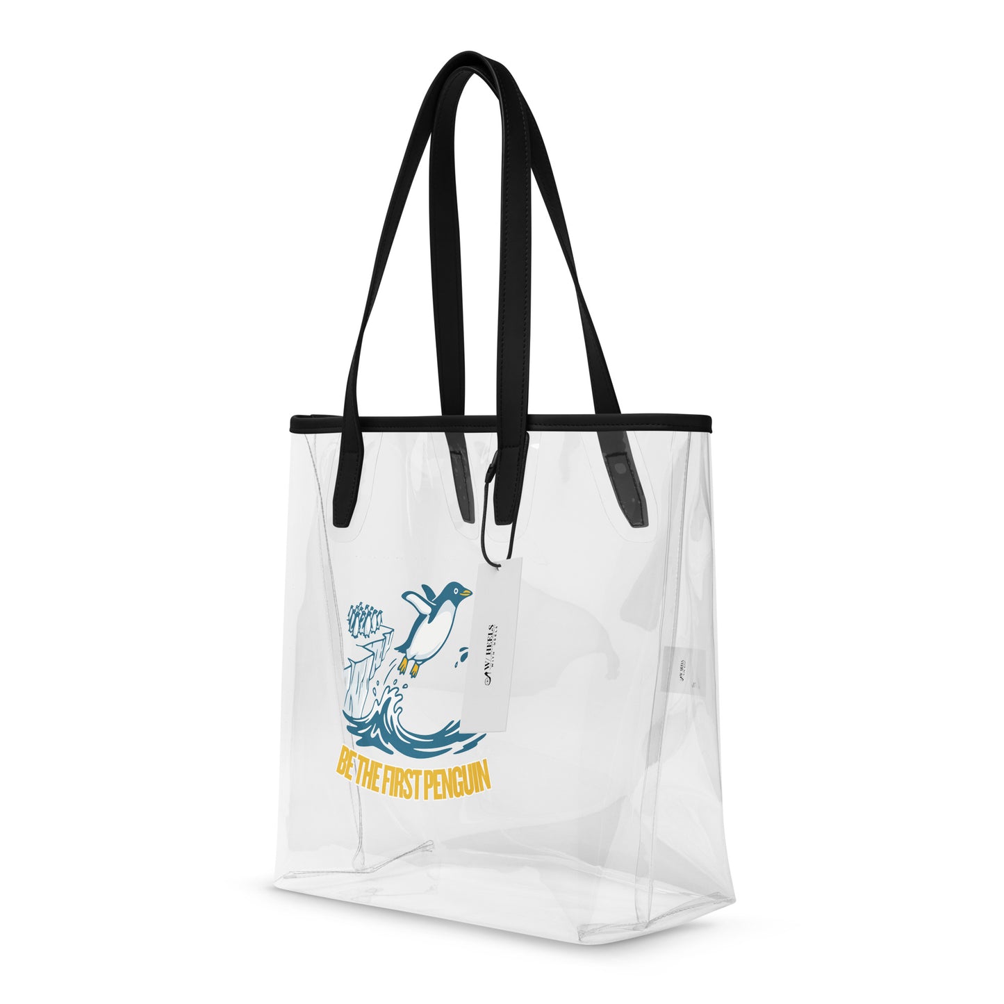 Clear Tote Bag First Penguin – Right Front Angle | WITH HEELS