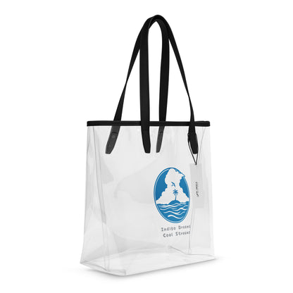 Clear Tote Bag Indigo Dream – Right Front Angle | WITH HEELS