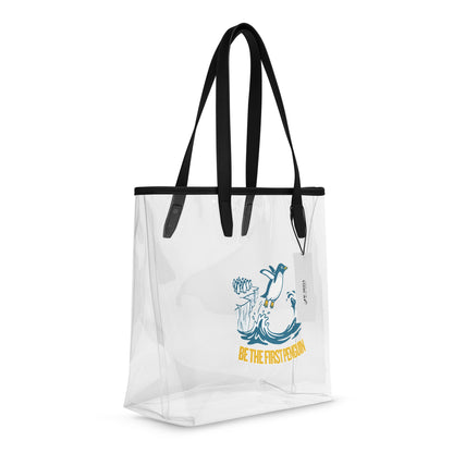 Clear Tote Bag First Penguin – Right Front Angle | WITH HEELS