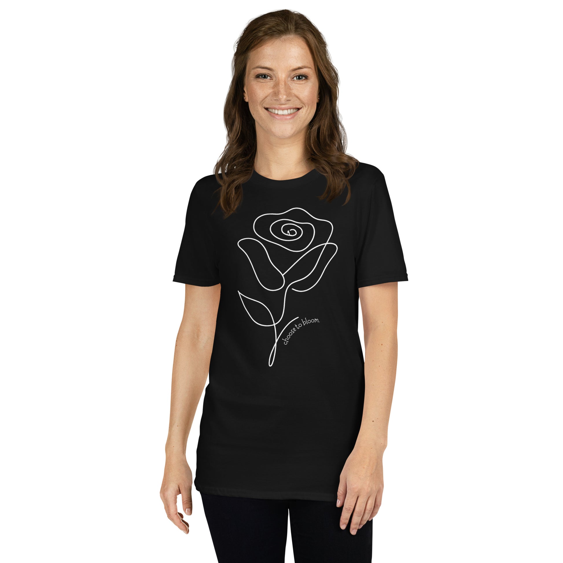 Choose to Bloom Graphic T-Shirt – Black, Front View (Model）