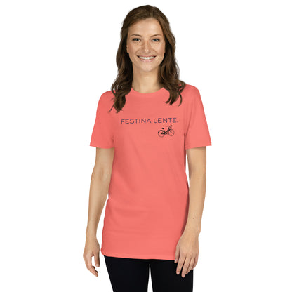 Festina Lente Graphic T-Shirt – Coral Silk, Front View (Model)