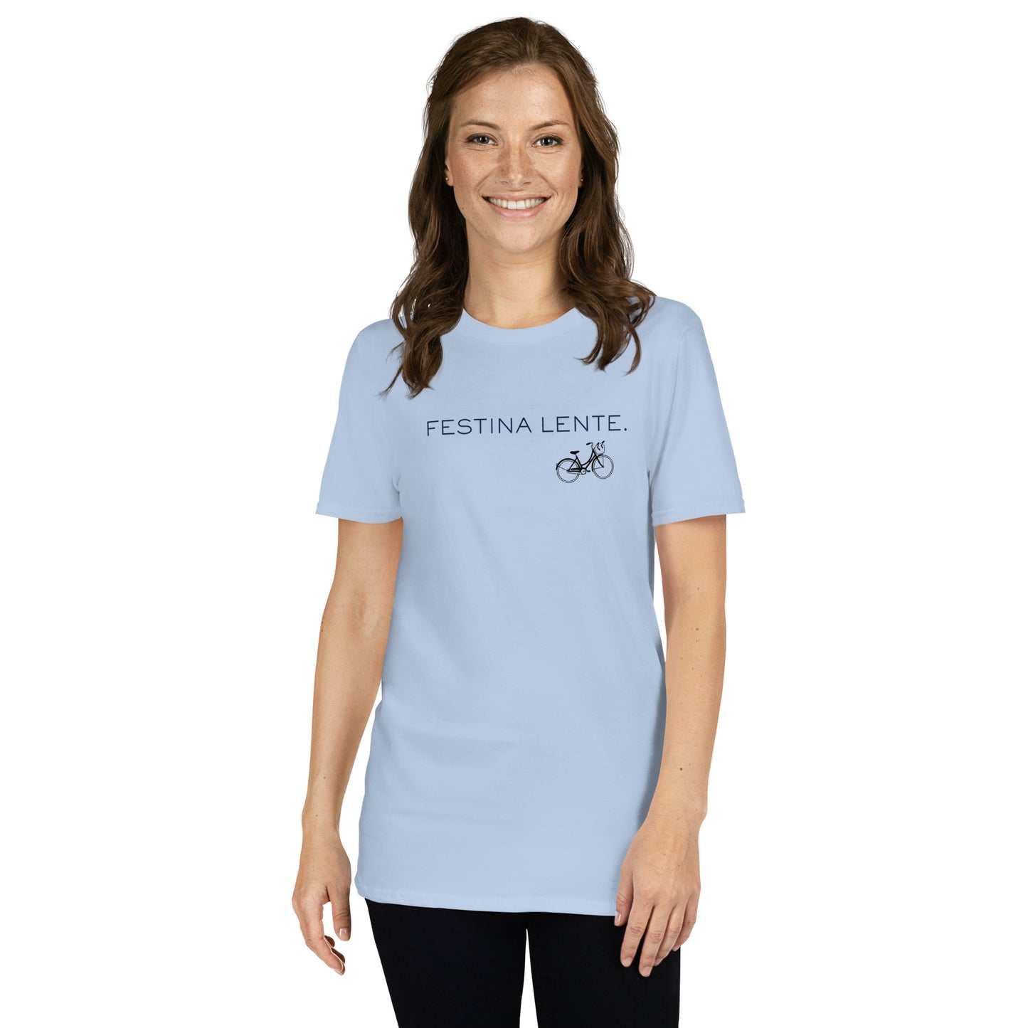Festina Lente Graphic T-Shirt – Light Blue, Front View (Model)