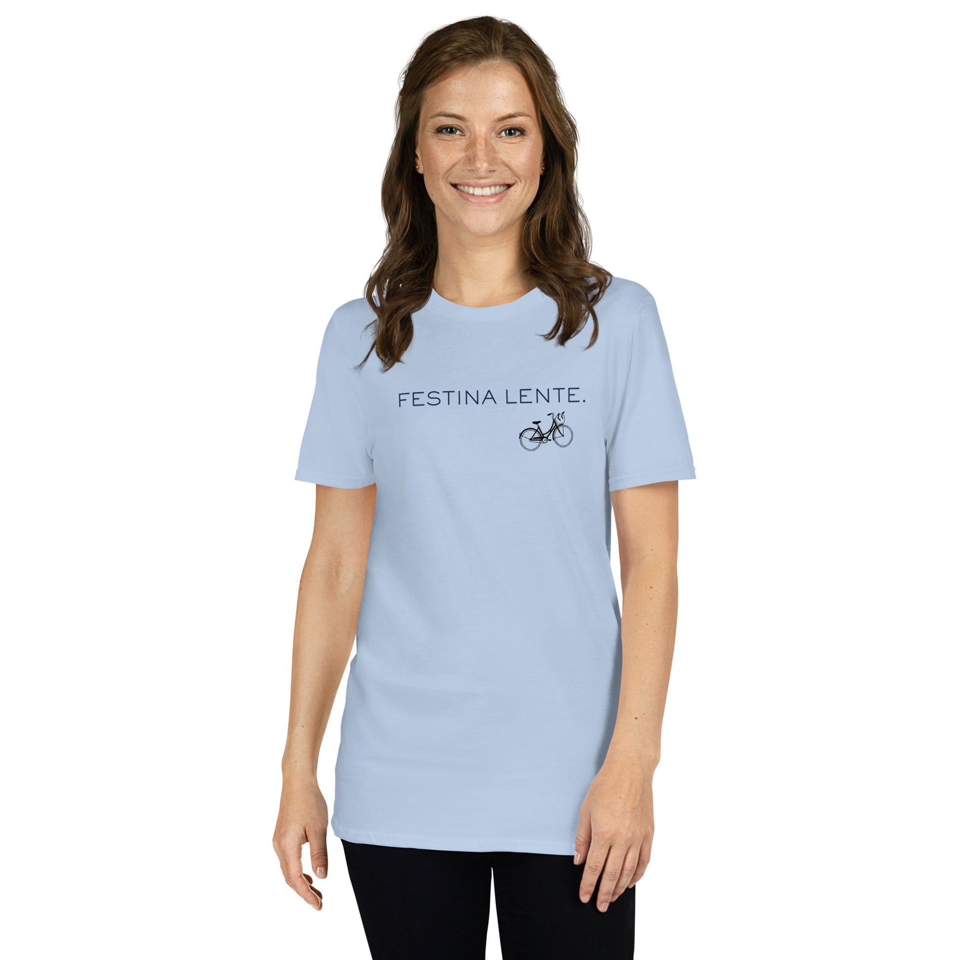 Festina Lente Graphic T-Shirt – Light Blue, Front View (Model)