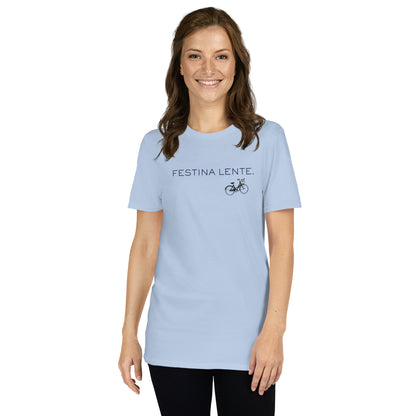 Festina Lente Graphic T-Shirt – Light Blue, Front View (Model)