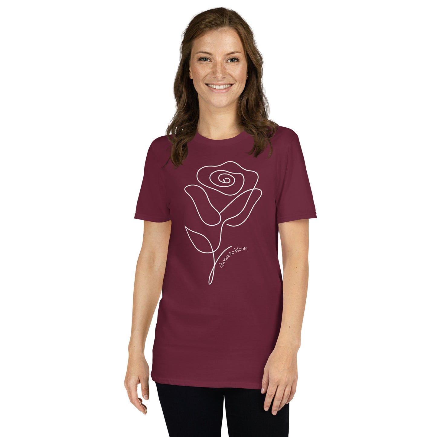 Choose to Bloom Graphic T-Shirt – Maroon, Front View (Model）