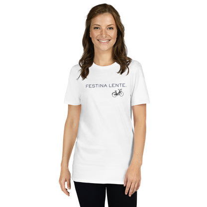 Festina Lente Graphic T-Shirt – White, Front View (Model)